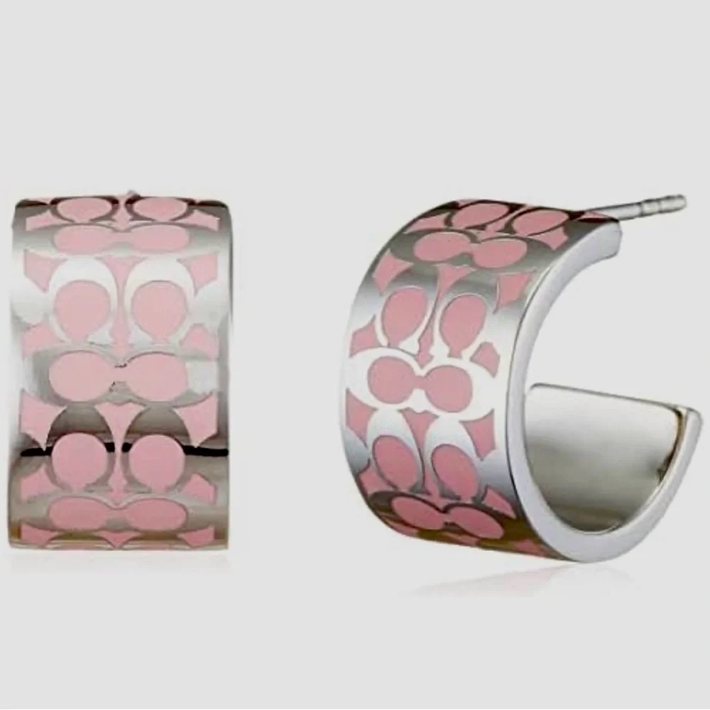 NWT COACH SIGNATURE C HUGGIE EARRINGS: PINK/SILVER C7770 in Polybag MSRP $110 - Picture 5 of 8